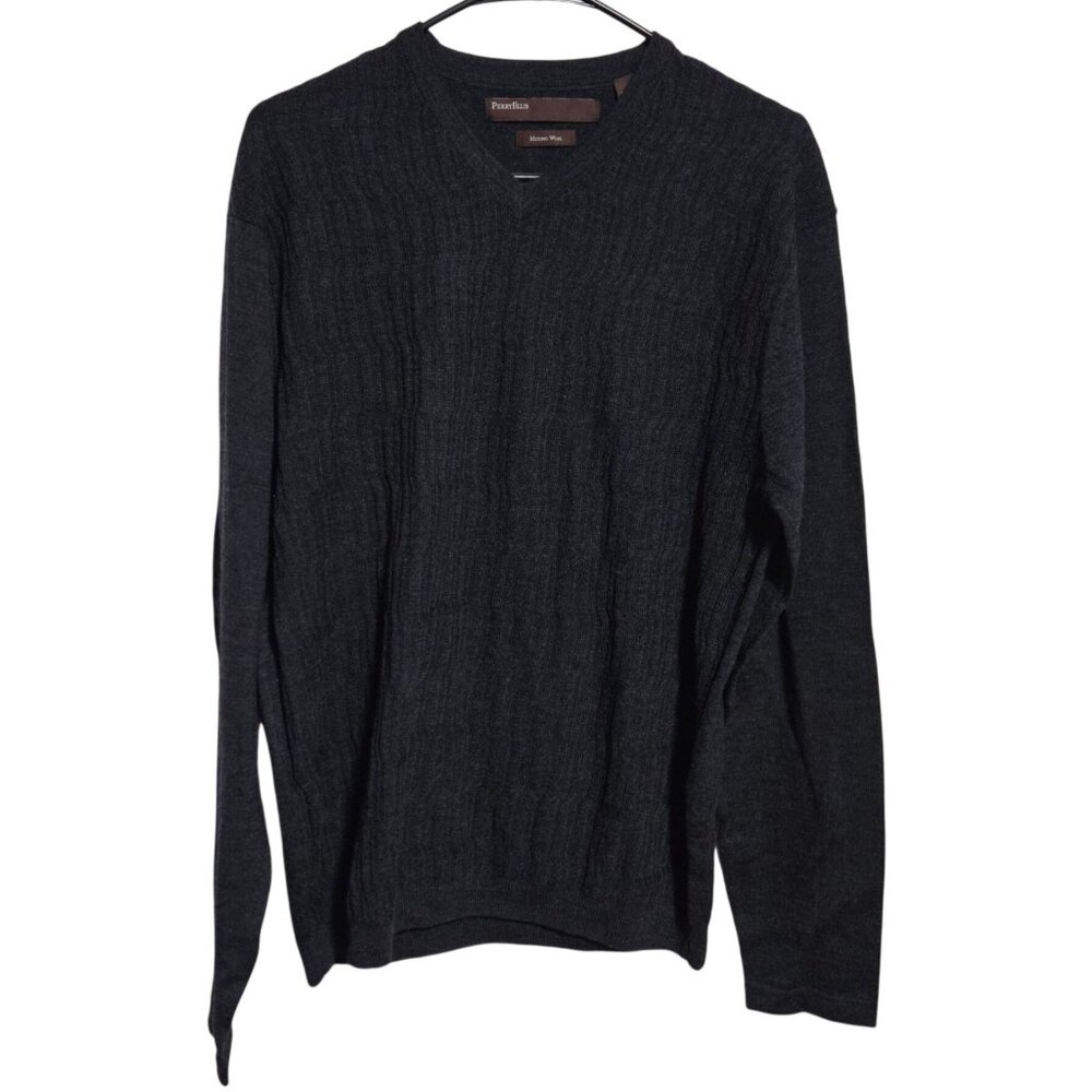 Perry Ellis Merino Wool Sweater Mens Size Large Black V-Neck Dadcore Grandpacore